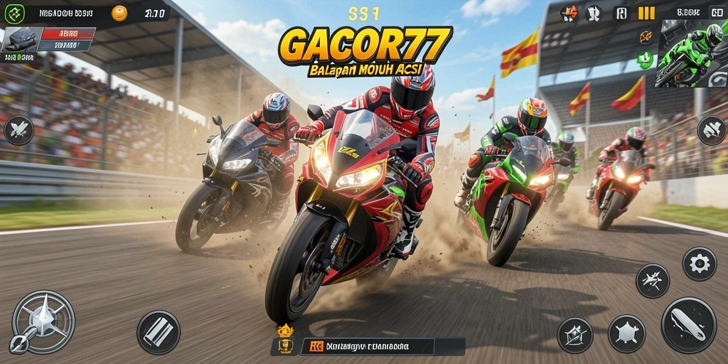 Tampilan gameplay yang mendebarkan dari GACOR77 di trek balapan.